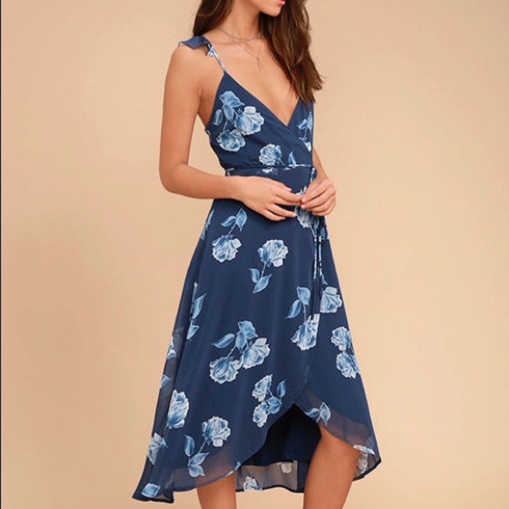 One Desire Navy Blue Floral Print Wrap Dress